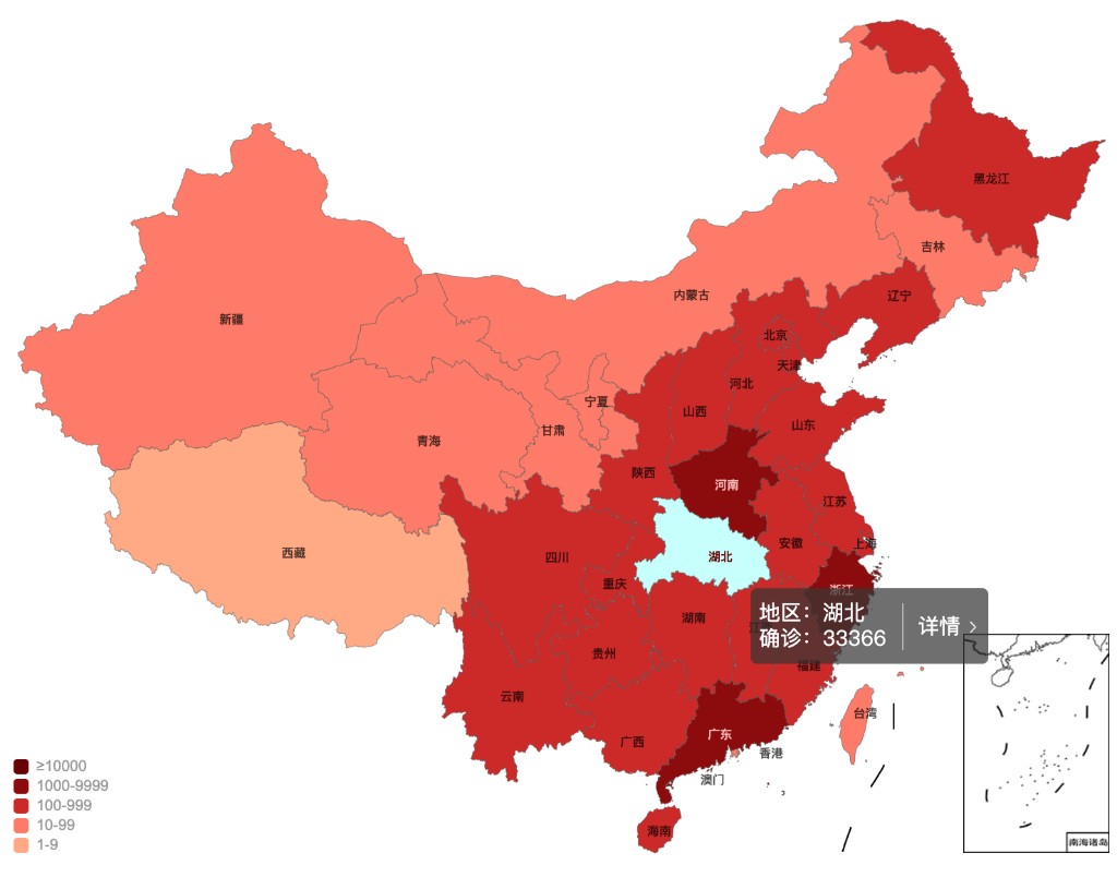 Early COVID-19 choropleth map of China by province with Hubei highlighted
